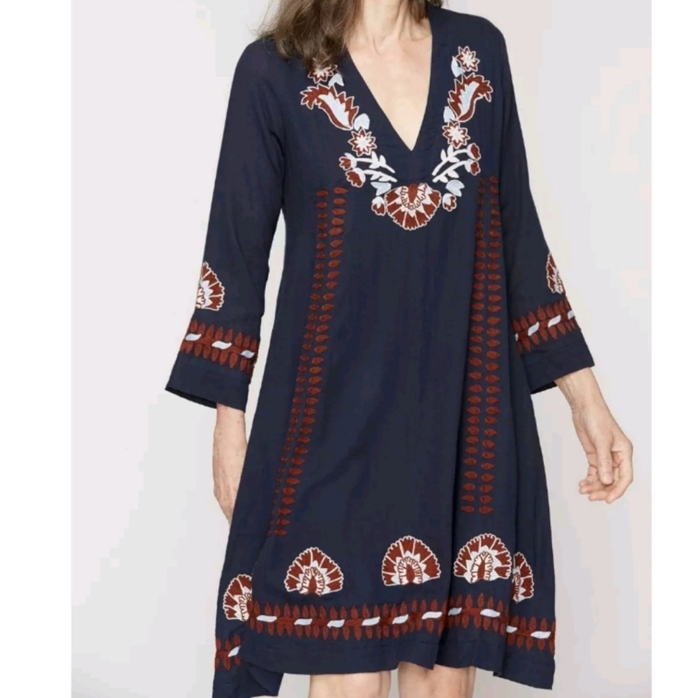 Roberta Roller Rabbit Navy and Red Embroidered Cotton Midi Dress - XL / L